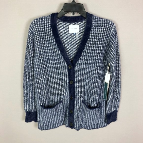 COURT & ROWE Women's Navy Houndstooth Eyelash Knit Cardigan Sweater Size XS - Picture 3 of 10